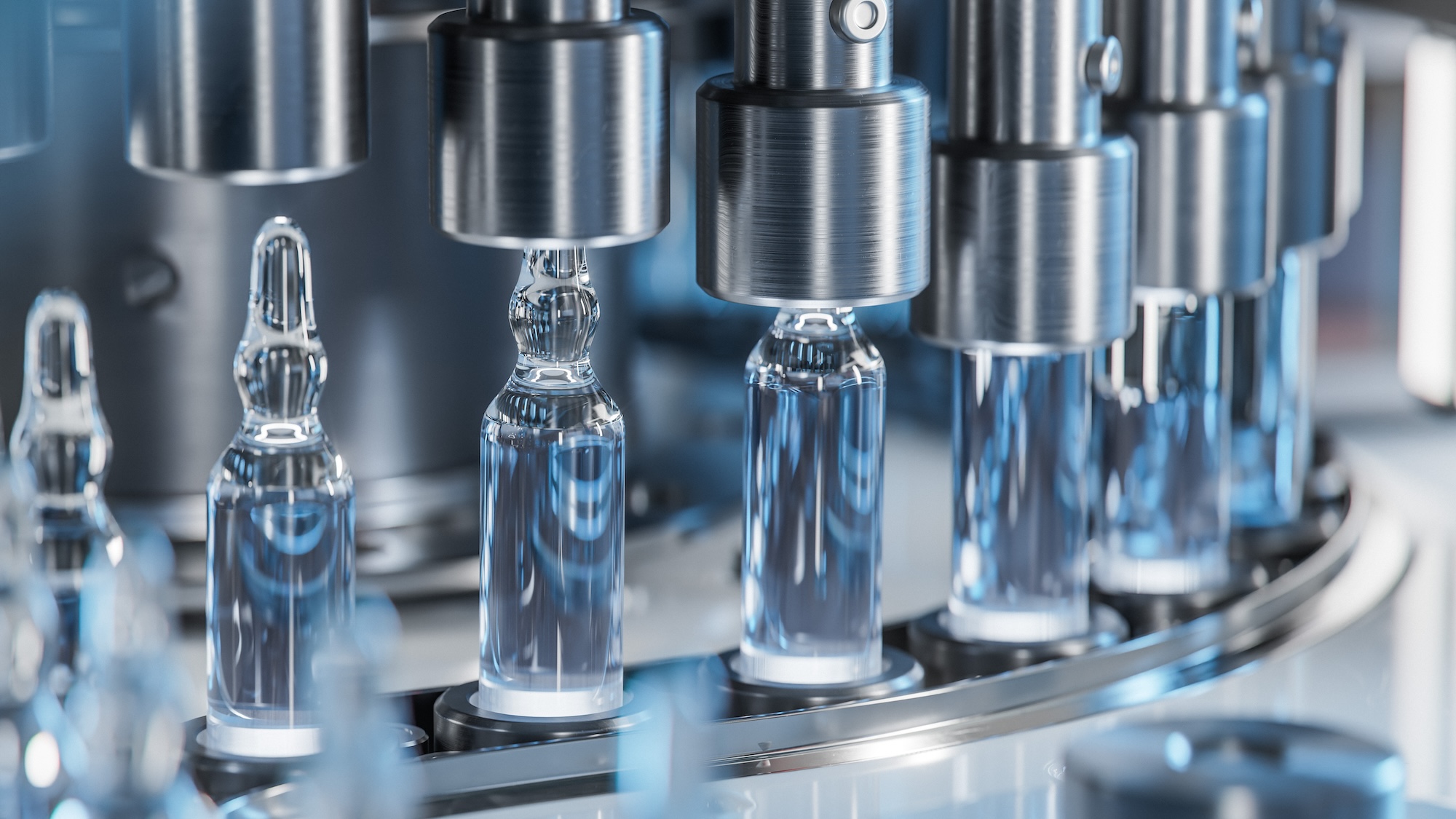 Macro Shot of Medical Ampoule Production Line at Modern Modern Pharmaceutical Factory. Glass Ampoules are being Filled. Medication Manufacturing Process.