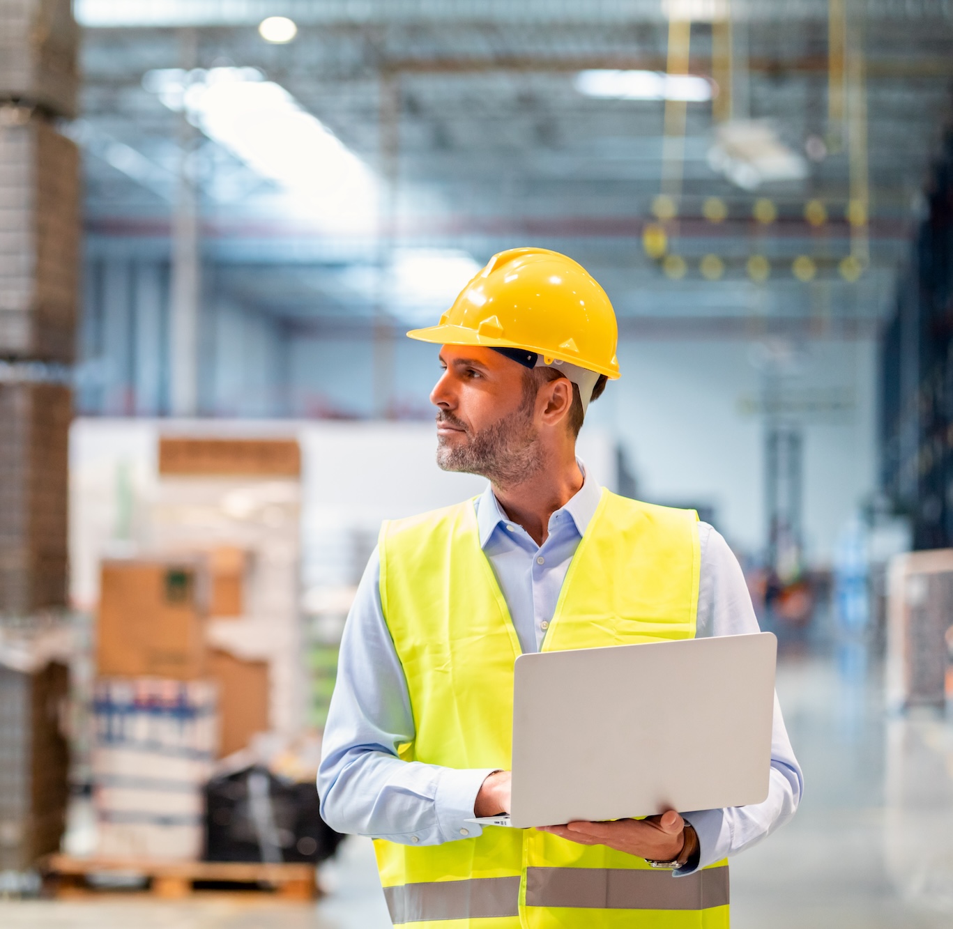 Warehouse manager with laptop entering inventory data to database